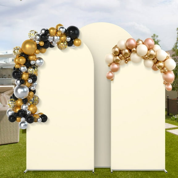3-Piece Wedding Arch Backdrop Stand & Spandex Cover Set - 7.3FT, 6.6FT, 6FT Metal Arch with Beige Covers for Baby Shower, Birthday, Ceremony