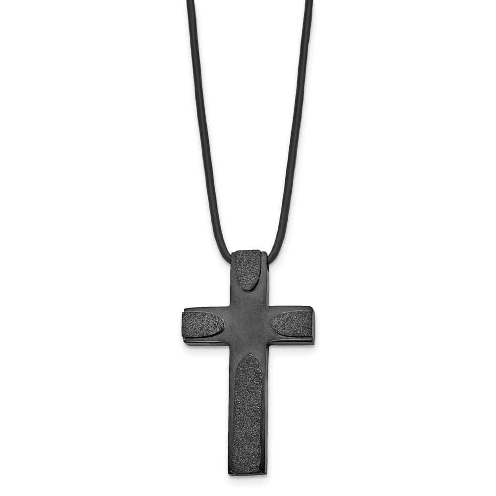 Stainless Steel Cord with Pendant Necklace Chain Brushed LaserCut Blk IP Cross 20in Leather 20 inch 25.5 mm