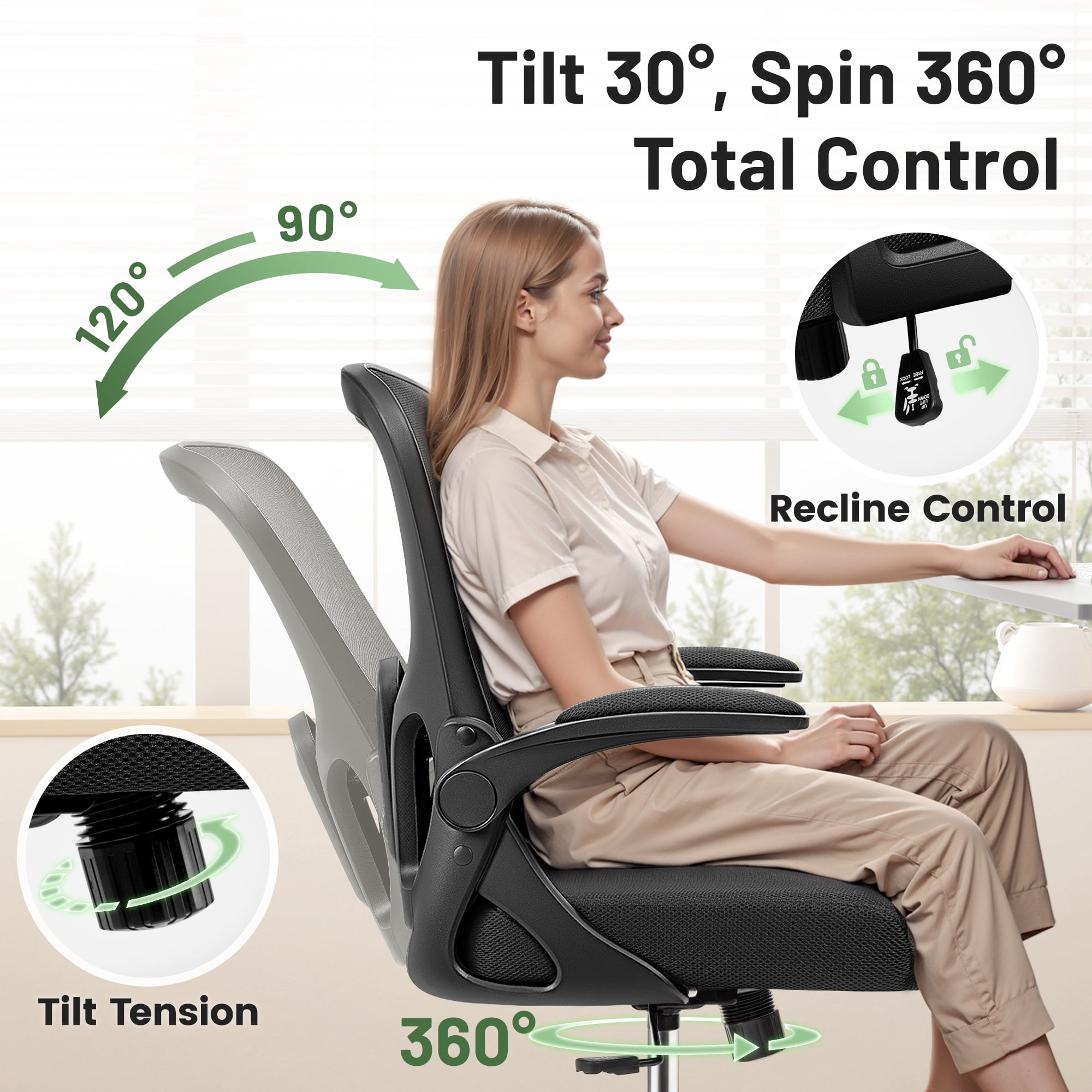 ATHOPE Office Chair, Ergonomic Desk Chairs 300LBS Capacity High Back Mesh Computer Chair with Flip-up Armrests, Comfy Work Chair with Adjustable Lumbar Support for Home Office, Black