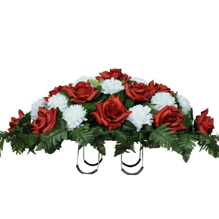 Red Roses and White Carnations Silk Saddle Arrangement by Sympathy Silks® (Best Flowers To Plant At Cemetery)