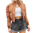 thumbnail image 2 of Karymi Womens Tops Solid Stand Collar Cropped Puffer Jacket, Zip & Snap Button Closure Long Sleeve Quilted Warm Short Winter Bomber Coat, 2 of 9