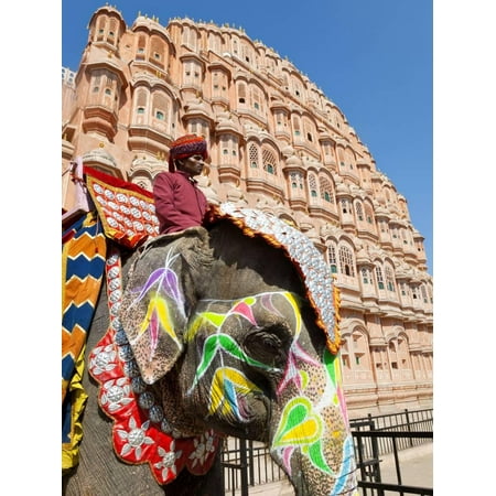 - India, Rajasthan, Jaipur, Ceremonial Decorated Elephant Outside the Hawa Mahal, Palace of the Winds Print Wall Art By Gavin Hellier