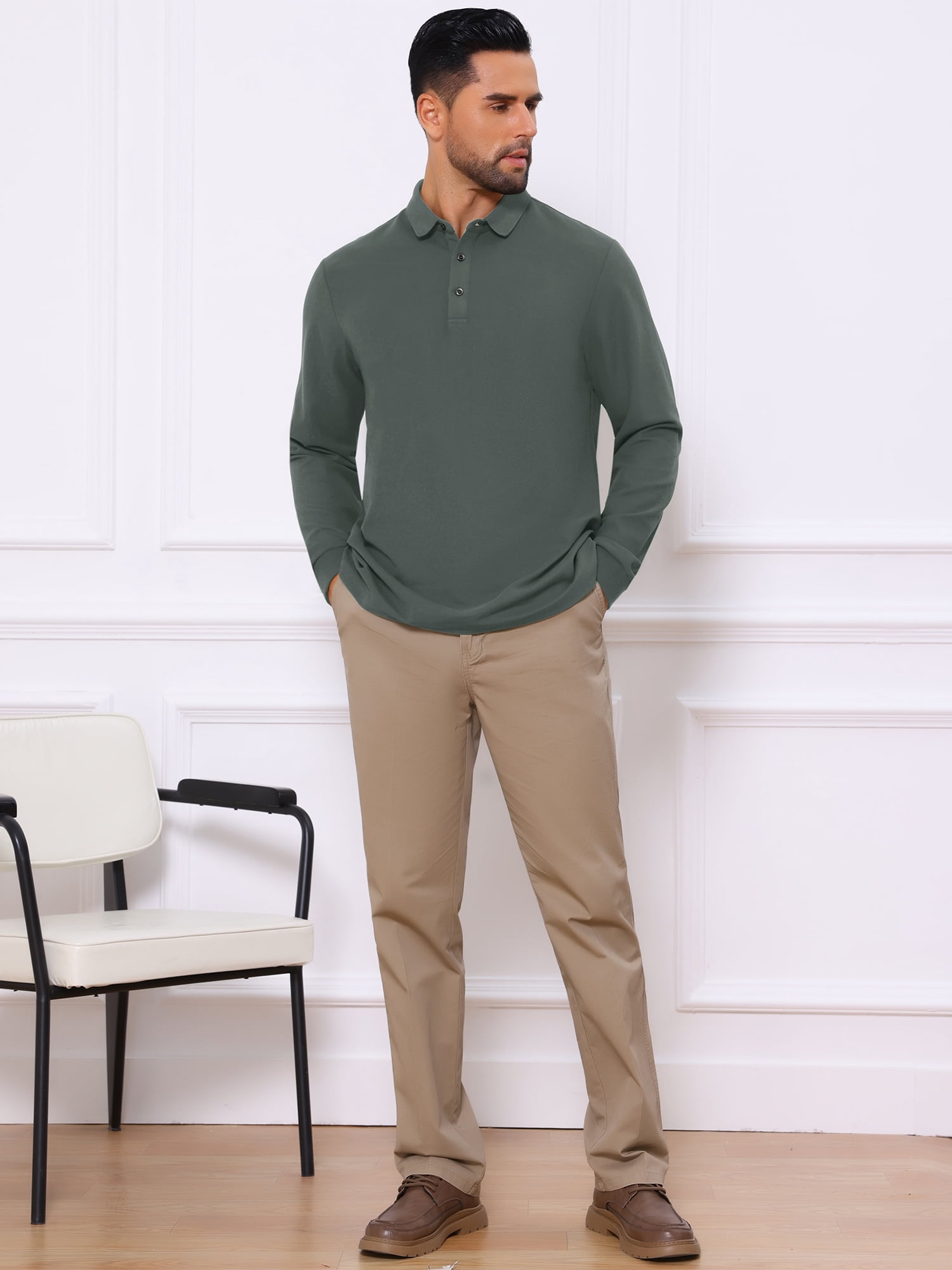 DARING DIVA Men's Classic Solid Color Long Sleeves Basic Golf Polo T-Shirts L Gray