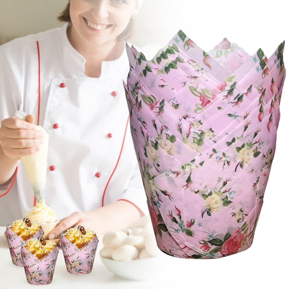 FURNIX Floral Print Baking Cup,Greaseproof Cupcake Wrapper,Heat-Safe Muffin Liner,Party Decor Paper Cup,Birthday Wedding Baking Tool,Snack Holder,Non-Sticky Cupcake Liner,Festive Baking Supply 50Pc