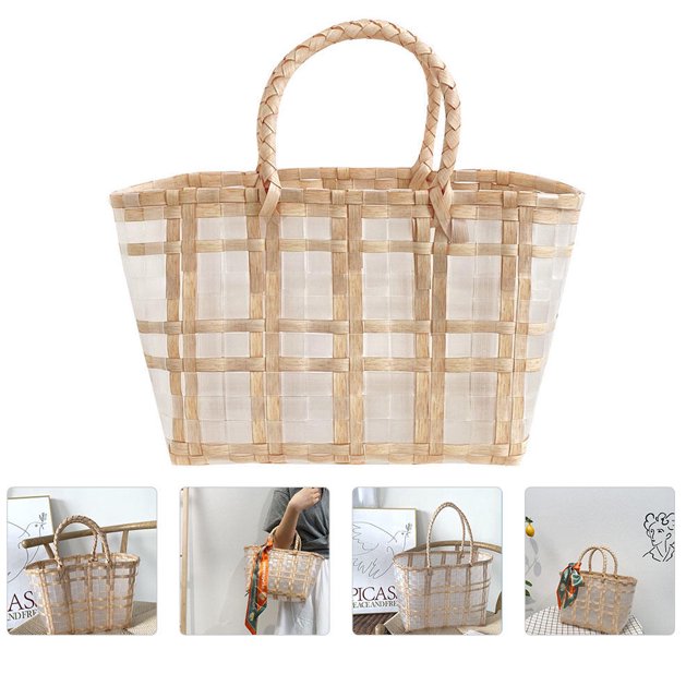 unbranded 1Ud Canasta Plástica Tejida Resistente Color Café Bolsa Portátil Multifuncional Para Almacenaje Y