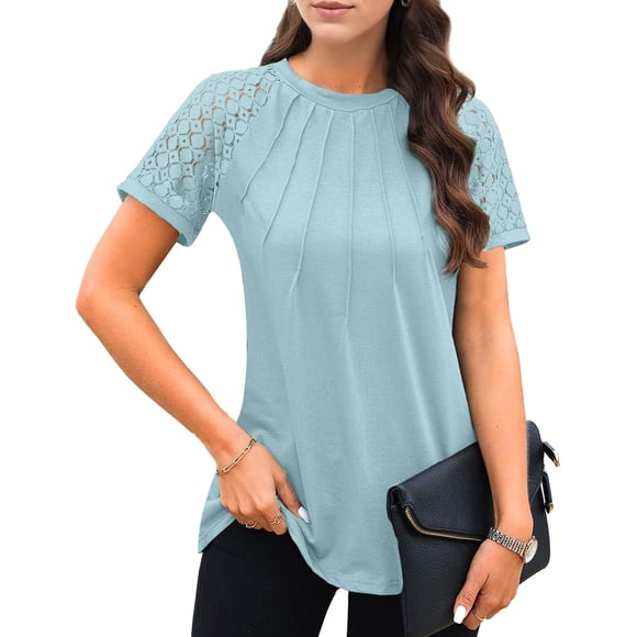 Camisa AURUZA de Encaje Azul Celeste Grande con Pliegues y Mangas Cortas