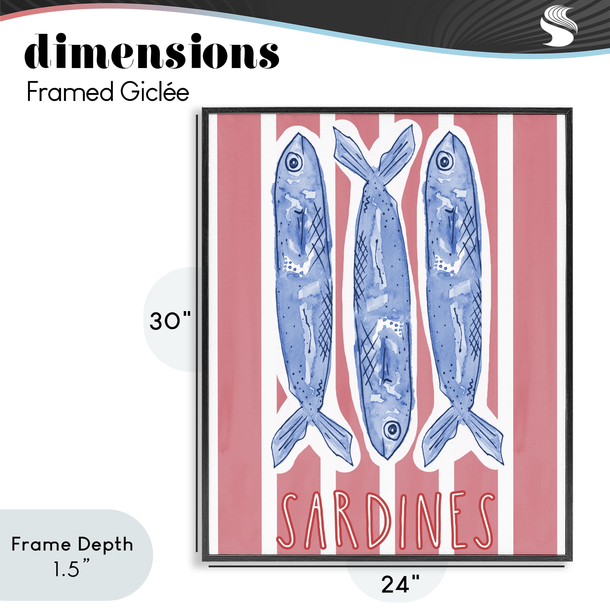 Stupell Industries Americana Sardines on Pink Stripes Black Framed Giclee Art, design by Nola James