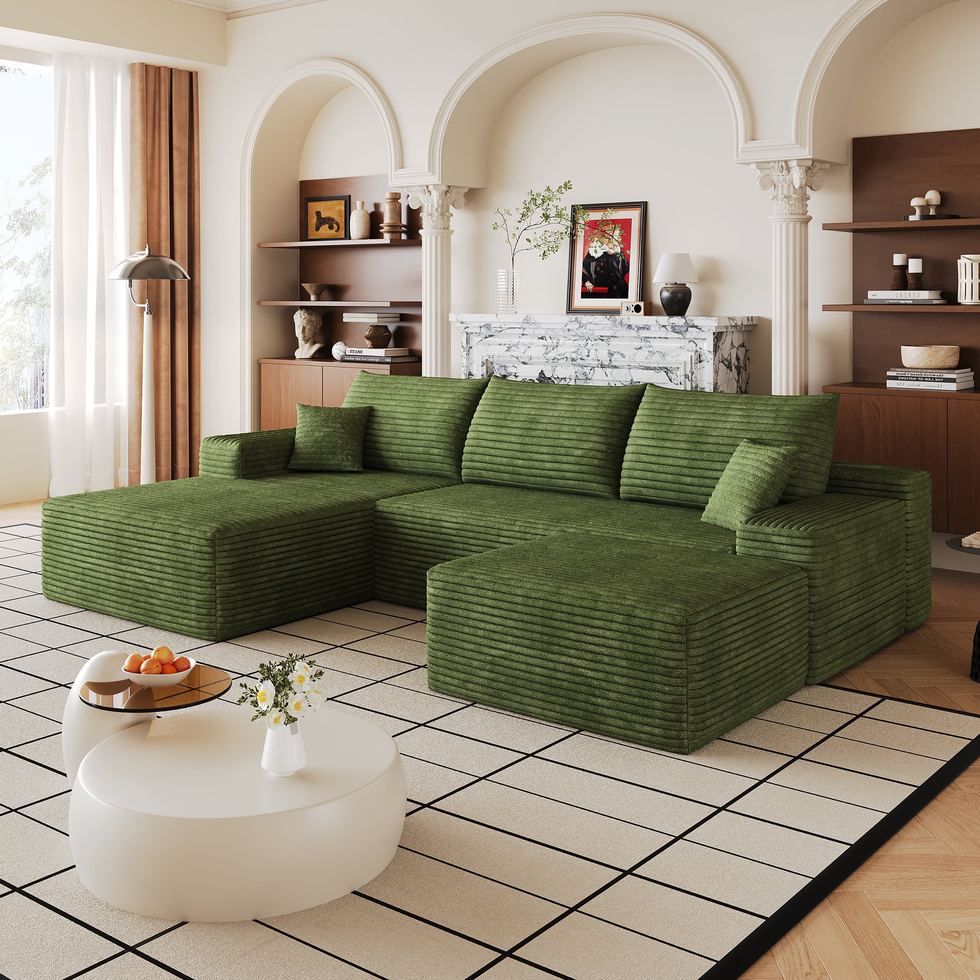 Cloud Sectional Sofa 107 Inch, U-Shaped Modular Couch with Ottoman and Corduroy Fabric, Deep Seat Corner Sofa for Living Room, No Assembly Required, Green