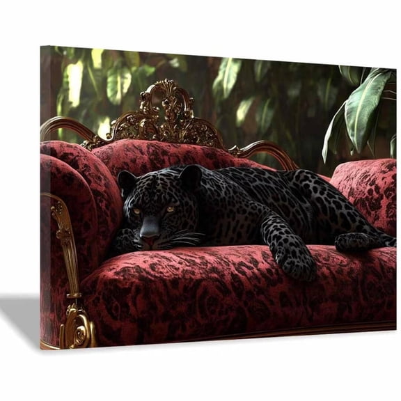 Mudket Framed Leopard on Red Velvet Sofa Canvas Wall Art, Luxury Cheetah Print Living Room Wall Decor, Trendy Animal Wall Art Ready to Hang - 12"L x 8"W