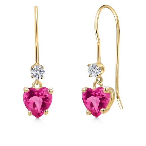 Gem Stone King 14K Yellow Gold Pink Created Sapphire and Lab Grown Diamond Earrings for Women | 1.33 Cttw | Gemstone September Birthstone | Heart Shape 5MM