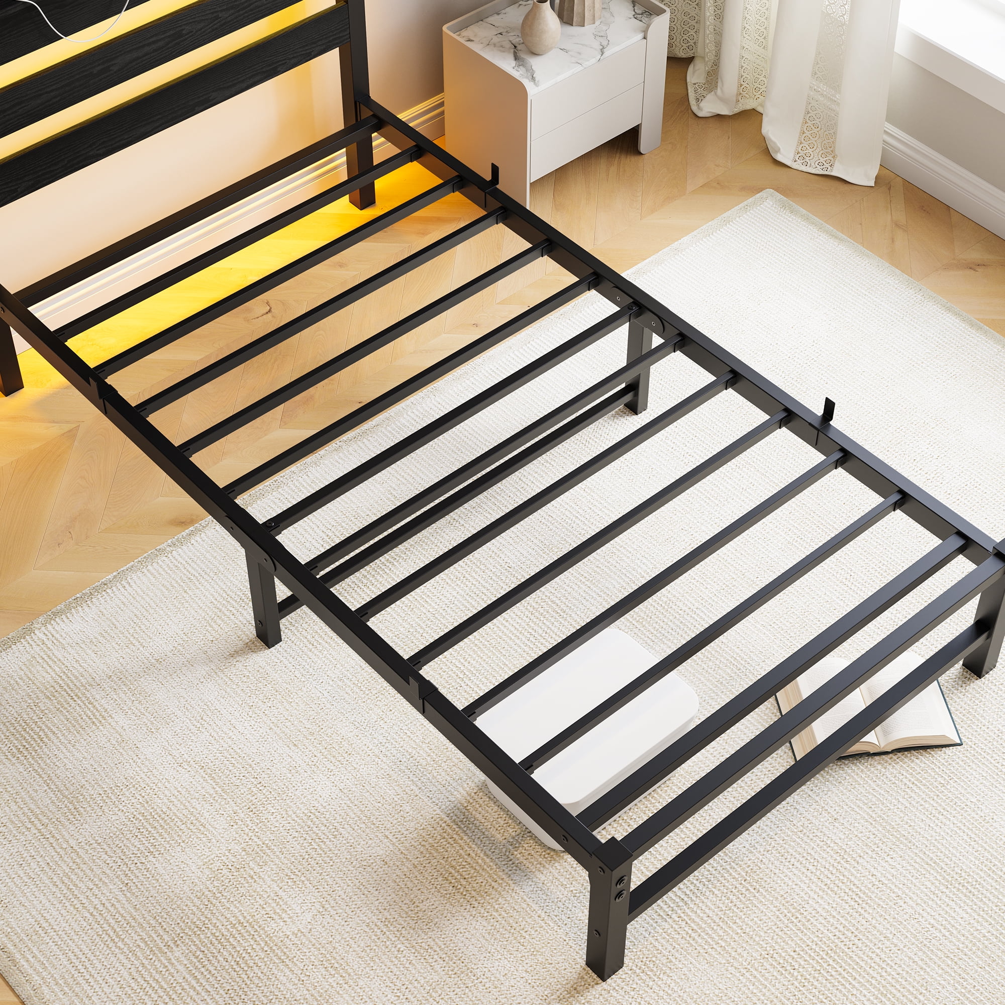 Yoneston Twin Size Bed Frame with LED Night Storage Headboard and USB Charging Station, 11" Black Duty Metal Platform Bed for Kids Childs Teens