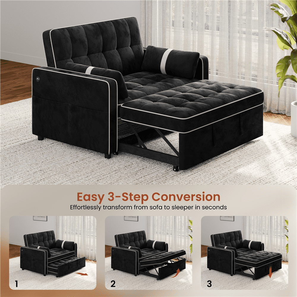 Renwick Convertible Sleeper Sofa Bed 3-in-1 Pull Out Couch Velvet Loveseat Couch with Adjustable Backrest, USB Ports, Side Pockets and Pillows for Living Room Bedroom, Black