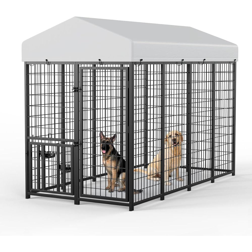 Large Outdoor Dog Kennel with Rotatable Feeder, Waterproof Roof & Raised Legs - Stainless Steel