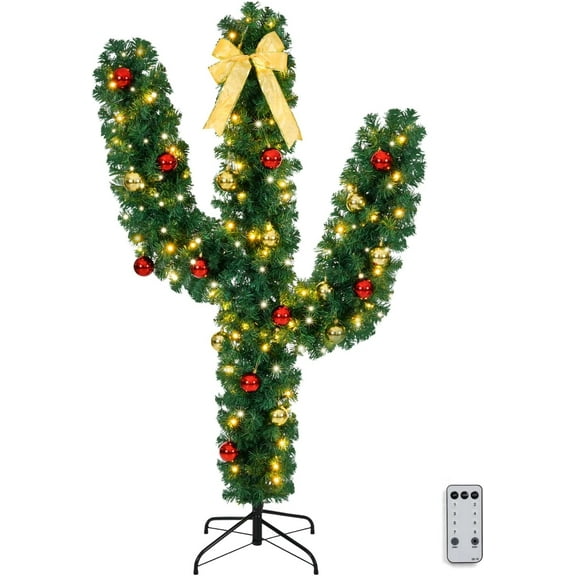 VINGLI 5ft Pre-Lit Artificial Cactus Christmas Tree w/ 110 LED Lights & 400 Tips, Perfect for Holiday, Party, and Home Decoration