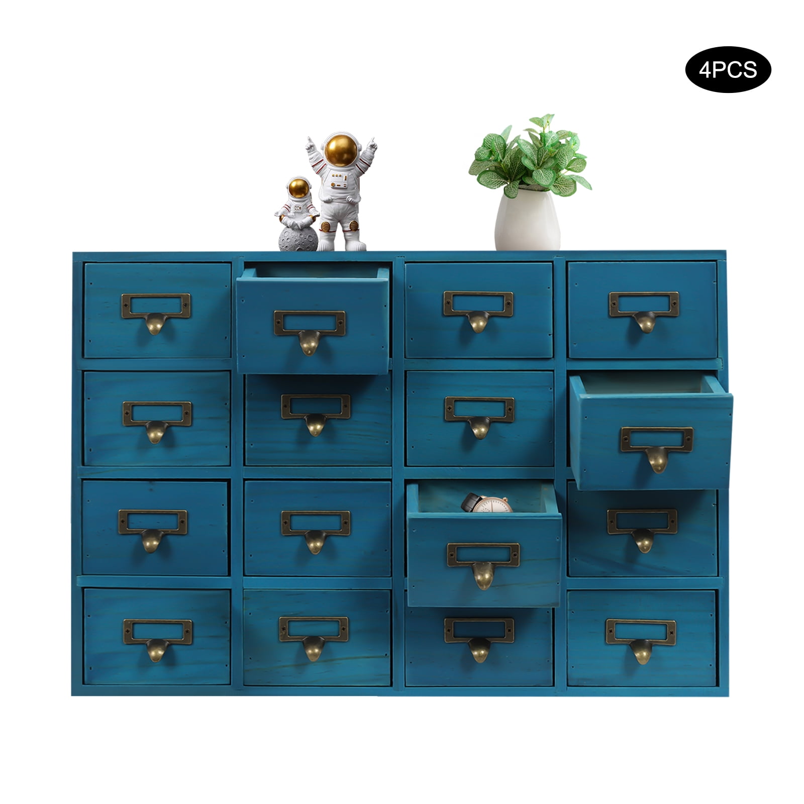 64 Drawers Drawers Storage Cabinet, Apothecary Cabinet with Labels Apothecary Desk Drawer Organizer Tea Coffee Pod Storage Tool Wooden Card Catalog Storage Box for Home, Office, Shop (Blue 4 PCS )