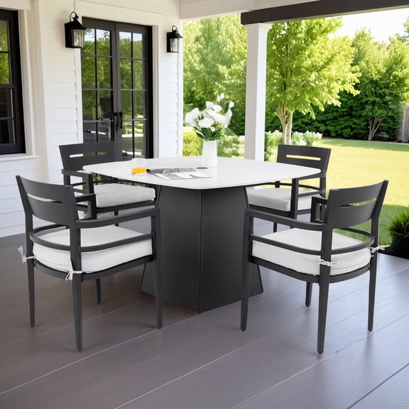5-Piece Outdoor Pedestal Dining Set, 44" Rounded Square Sintered Stone Table with Flared Base and 4 Armchairs, Sunbrella Cushions, Rust-Free Aluminum, Weather-Resistant for Patio or Deck (Black)