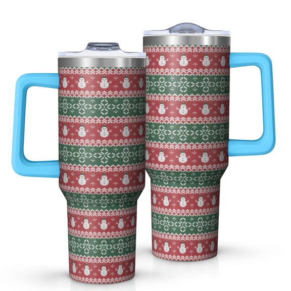 Red and Green Christmas Snowman Pattern Tumbler with Handle and Lid,40oz Double Wall Vacuum Insulated Tumbler,Cups Gift for Women and Men
