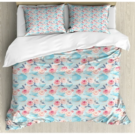 English Rose Bedding Aqua and Coral Queen Size Duvet Cover Set, Vintage Blue Shaded Teapots with Dots and Thriving Romantic English Roses, Decorative 3 Piece Bedding Set with 2 Pillow Shams, Multicolor, by Ambesonne ()