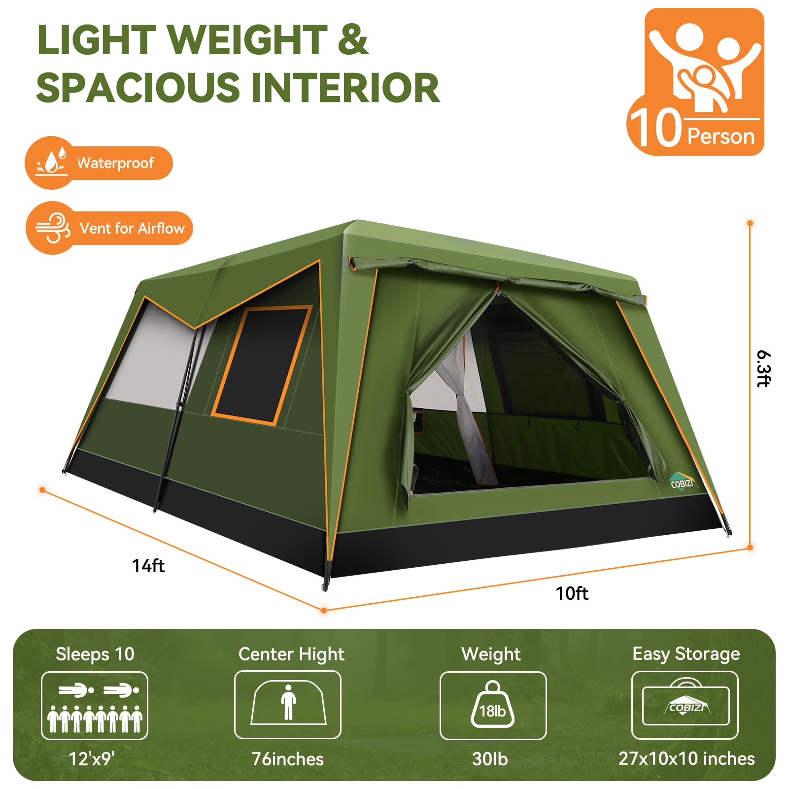 HOTEEL 10 Person Camping Tent, Easy Setup Waterproof Windproof Backpacking Tent with Removable Rainfly, Lightweight Portable Outdoor Family Tents for Camping, Travel, Fishing, Hiking, Green