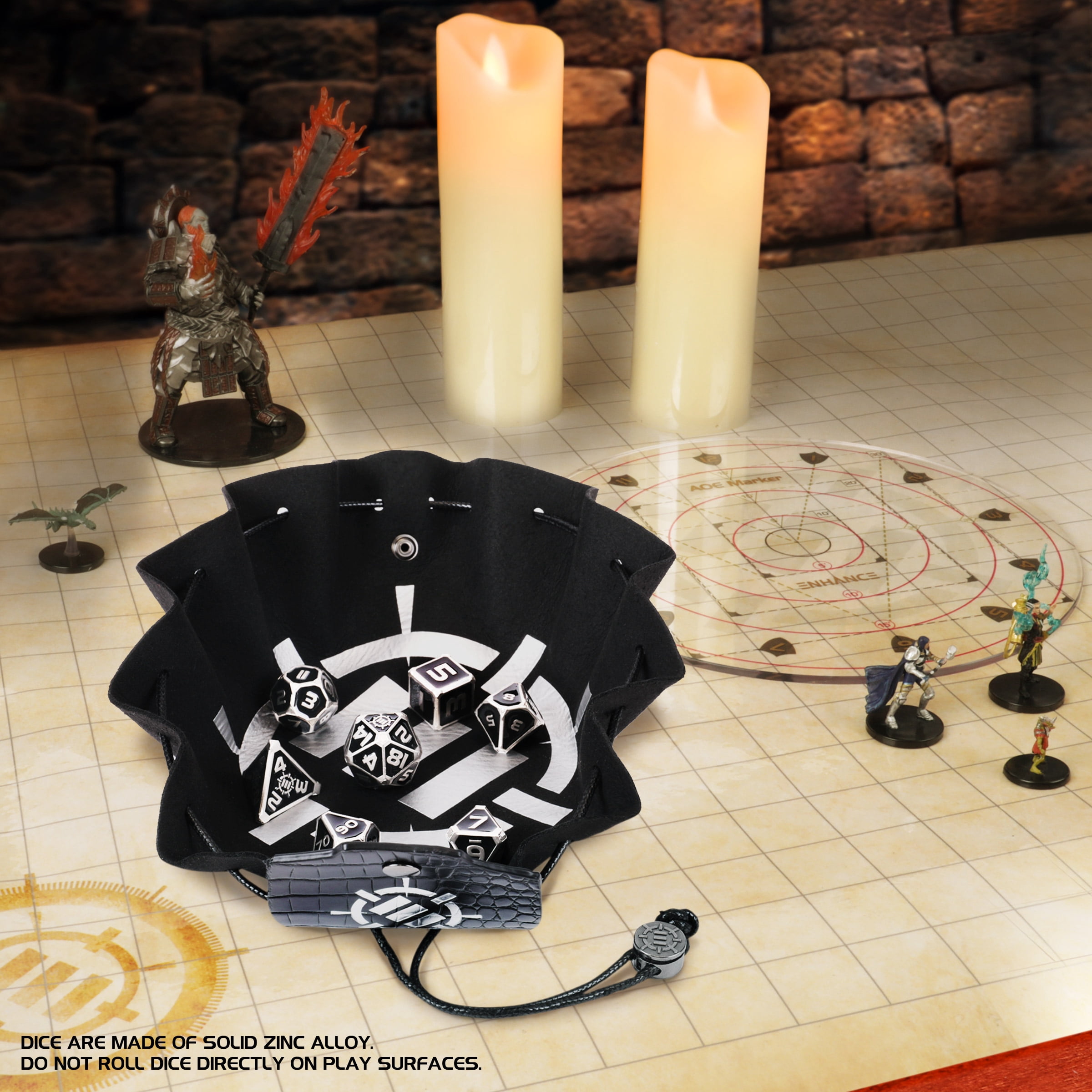 7-Set Enhance: Enamel Dice Set with Drawstring Pouch Black