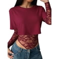 thumbnail image 1 of Justaucorps à Manches Longues pour Femmes en Dentelle Patchwork, Col Ras du Cou, en Maille Transparente, Court, pour Sorties et Fêtes, T-Shirts, Rouge Vin, G, 1 of 9