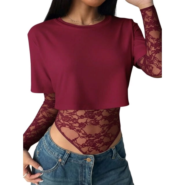 Justaucorps à Manches Longues pour Femmes en Dentelle Patchwork, Col Ras du Cou, en Maille Transparente, Court, pour Sorties et Fêtes, T-Shirts, Rouge Vin, G