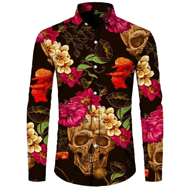 Camisas de lujo con estampado floral 3D de calaveras para hombre camisetas de manga larga con cuello vuelto y botones camisetas de estilo hip hop con personalidad
