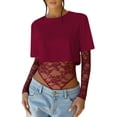 thumbnail image 3 of Justaucorps à Manches Longues pour Femmes en Dentelle Patchwork, Col Ras du Cou, en Maille Transparente, Court, pour Sorties et Fêtes, T-Shirts, Rouge Vin, G, 3 of 9