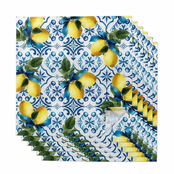 Summer Lemon Cloth Napkins, Yellow Green Botanical Blue and White Porcelain Washable and Reusable Dinner Napkins Set of 6, Table Napkin for Kitchen Party Birthday Wedding Hotel Housewarming 20"x20"
