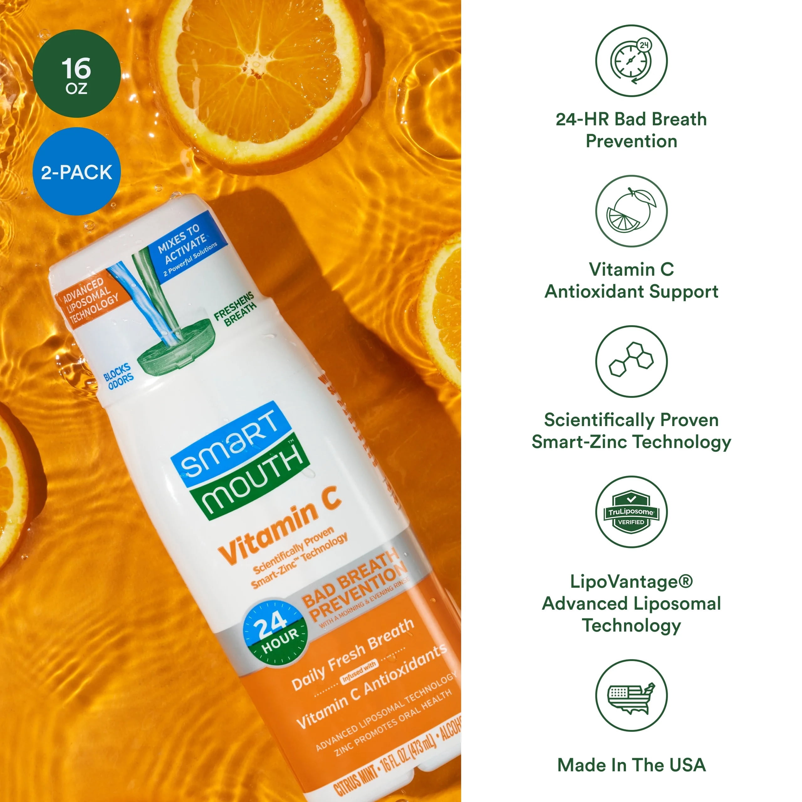 SmartMouth Advanced Liposomal Vitamin C Mouthwash - Vitamin C Antioxidants - Dual-Solution Zinc-Activated Mouthwash - Supports Oral Health - Citrus Mint Flavor - Alcohol Free - 16 fl oz Each, 2-Pack