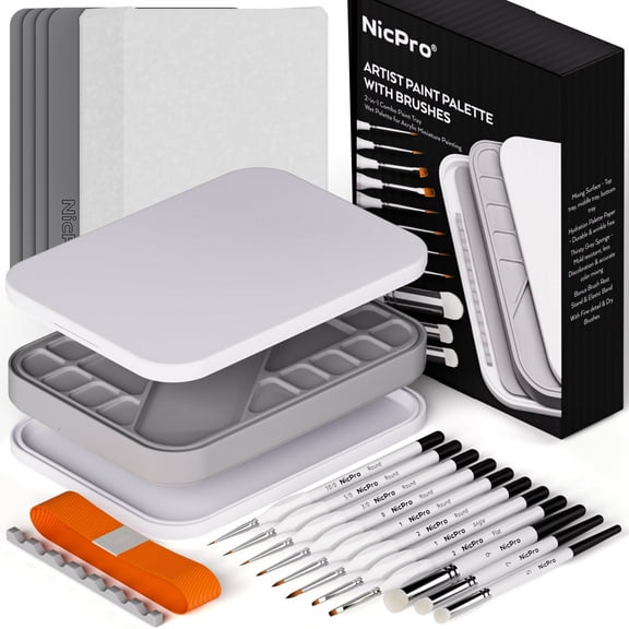 Nicpro Miniature Painting Kit with Wet Palette & 11PCS Detail Paint Brushes Drybrush, 100PCS Wet Pallet Paper, 4PCS Sponge, Brush Holder Mixing Paint Saver Palette for Model Painting