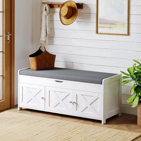 Pipishell 2-Tier Shoe Storage with Cushioned Seat, Entryway with Adjustable Shelf & Barn Doors, 300 lbs Capacity, 43.4" W x 16" D x 18" H, for Entryway, Bedroom, Living Room, White