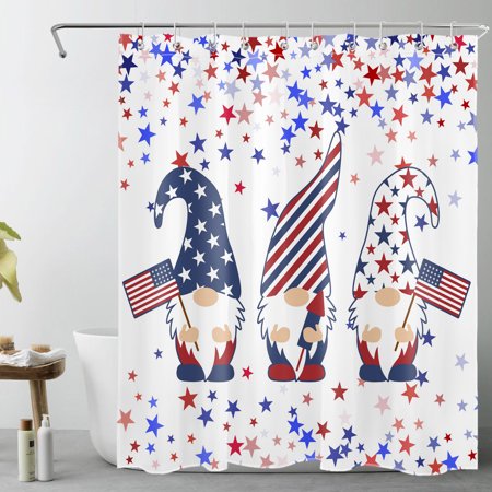HVEST 4th of July Cute Gnome Shower Curtain Decor,Blue and Red Stars Patriotic Independence Day Shower Curtains for Bathroom 60X72 inch Polyester Fabric Bathroom Decoration Bath Curtains Hooks Include