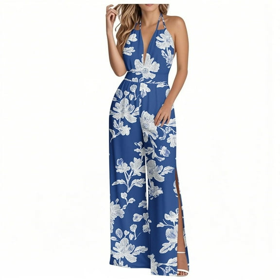 successthop Dressy Jumpsuits Wedding Guest Women Baggy V Neck One Piece Tie Back Elastic Wide Leg Floral Lounge Wear L