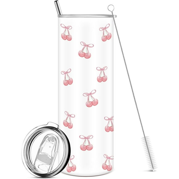 Pink Cherry Bow Tumbler with Lid and Straw, 20 oz Coquette Bow Stainless Steel Drinking Cup for Women Friend Birthday Party Gifts
