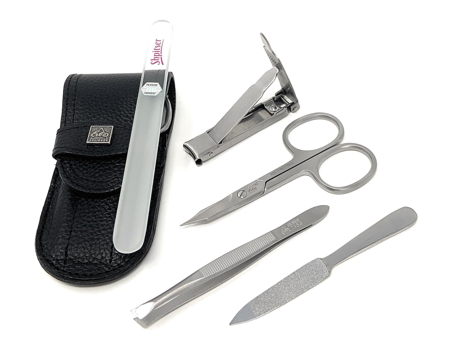 Erbe Solingen 4 pcs Surgical Stainless Steel German Manicure Set Grooming Kit In Luxury Genuine Leather Case Made in Solingen Germany With BONUS: SHPITSER Crystal glass Nail File