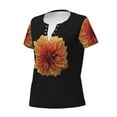 thumbnail image 2 of Goofa Orange Dalia Pattern Womens Deep V Neck Low Cut Tops Casual Summer Short Sleeve Ribbed Knit T-Shirts-Small, 2 of 5