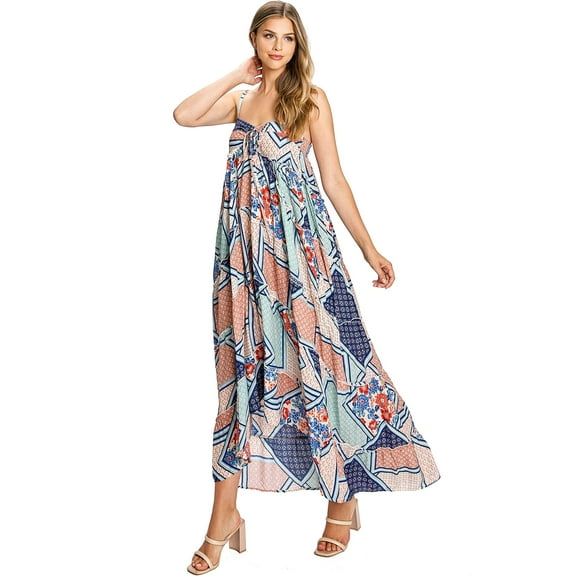 Love Stitch Women's Beach Coverup Billowy Hi Lo Maxi Dress (Multi Patch, Small)