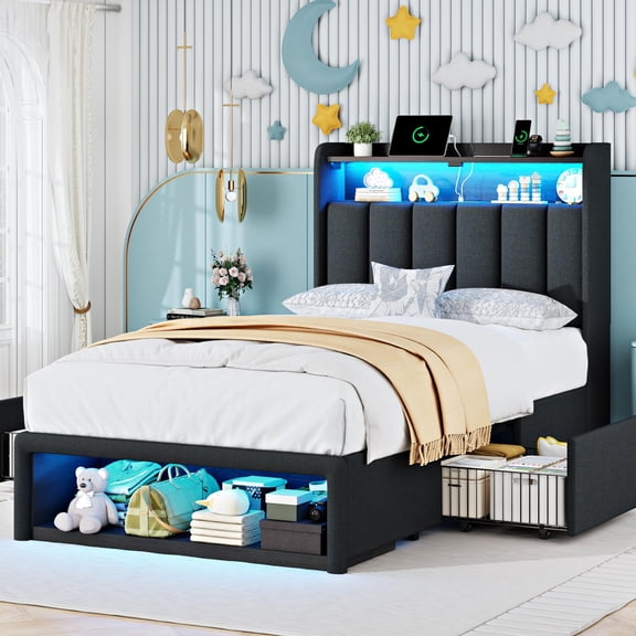 ChicZhiNest Twin Bed Frame with 2 Drawers and Storage Cabinets, Linen Upholstered Headboard LED Platform Bed with Charging Station, Black