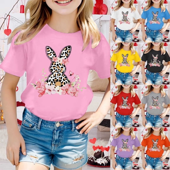 LRen Girls Easter Shirt Size 8 Cartoon Rabbit Short Sleeve T Shirts Cute Easter Day Vacation Tops Clothes for Children