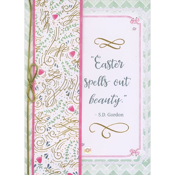 Designer Greetings Easter Spells Out Beauty: 3D Die Cut Column Banner with Gold Foil Swirls and Gold String Hand Decorated Easter Card