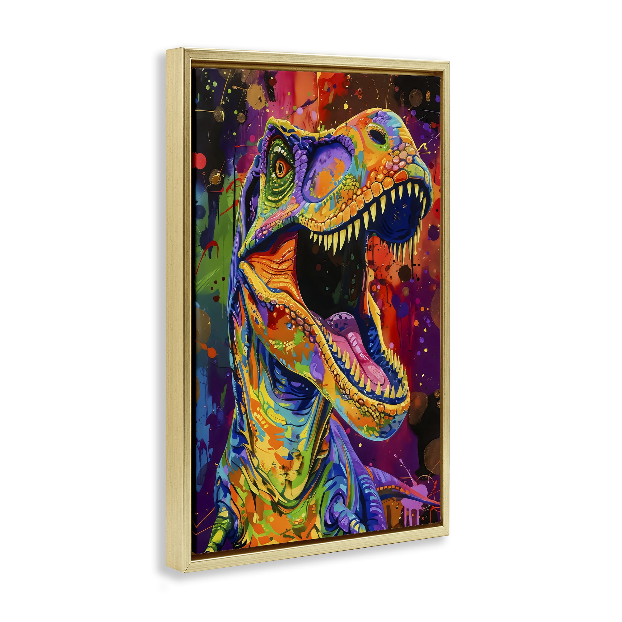 Stupell Industries Paint Splatter Urban T-Rex Gold Framed Floater Canvas Wall Art, design by Creative Studio