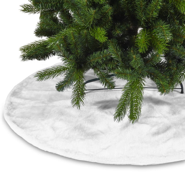 Reusable 120cm White Faux Rabbit Fur Christmas Tree Skirt - Soft Plush Double-Layer Design with Sticky Closure, Anti-Pilling & Shedding, Machine Washable Xmas Decoration for Home, Office, Party, Shop