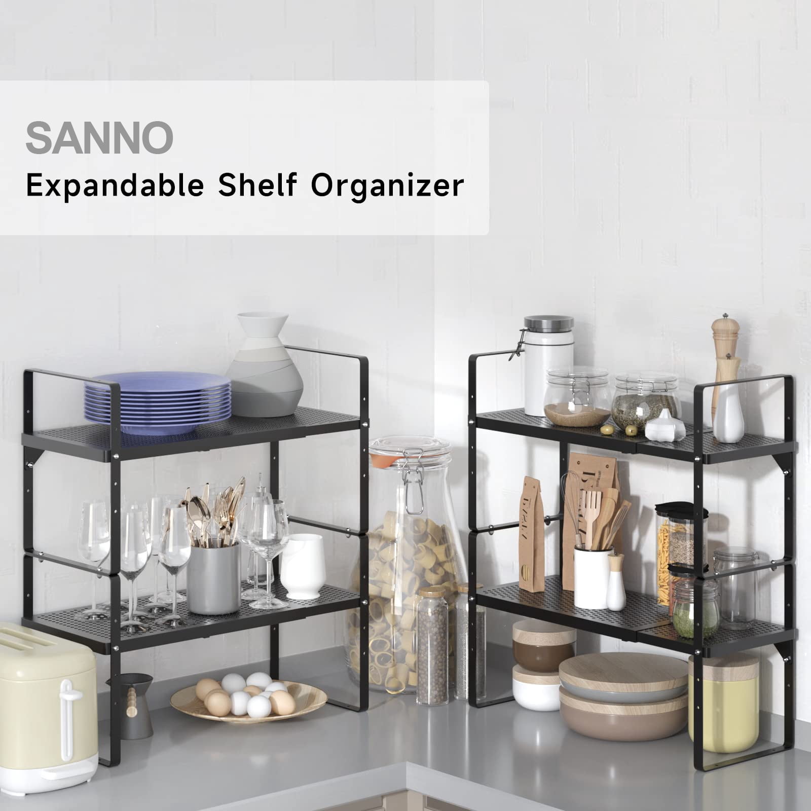Expandable Cabinet Organizer Shelf, Stackable Shelf Riser for Kitchen Pantry Desk Cupboard Tabletop Countertop Home Office, Heavy Duty, Black Large 1 Pack