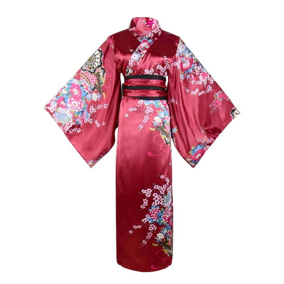 Women's Kimono Costume Adult Japanese Geisha Yukata Sweet Floral Patten Gown Blossom Satin Bathrobe Sleepwear with OBI Belt (30-Long Wine Red)