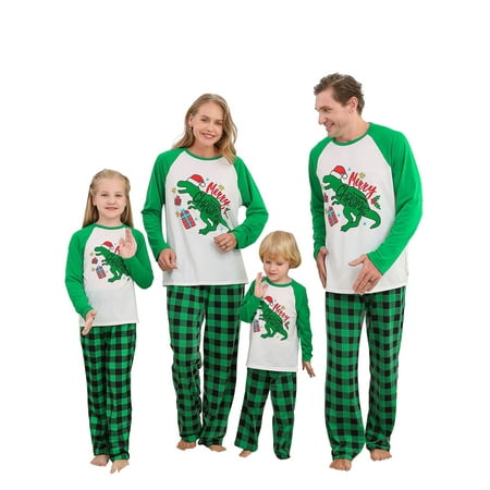 

Family Matching Christmas Pajamas Cartoon Dinosaur Print Long-Sleeved Tops Elastic Waist Plaid Pattern Trousers
