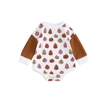 

Qtinghua Newborn Baby Girl Boy Halloween Clothes Pumpkin/Ghost Print Waffle Romper Long Sleeve Jumpsuit Fall Bodysuit White 0-3 Months