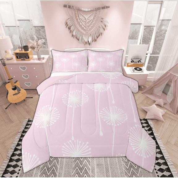 Manfei Dandelion Print Bedding Comforter Set for Kids, Dreamy Plant Botanical Twin Comforter Sets, Princess Pink Style Reversible Bedding Set, Super Cozy Room Decor, 2-Piece