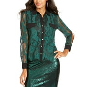 Thalia Sodi Women's Mixed Media Button Up Shirt Green Size Large