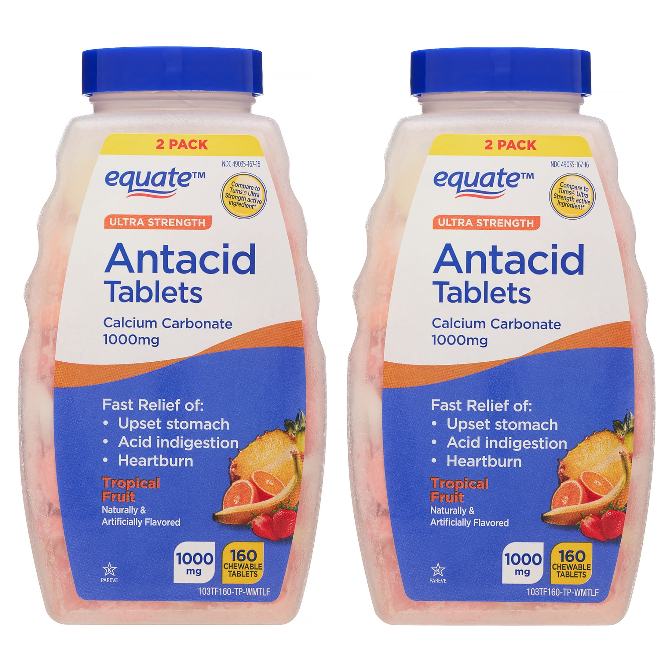 Equate Ultra Strength Antacid Tablets, Tropical Fruit, over the Counter, Twin Pack, 160 Count